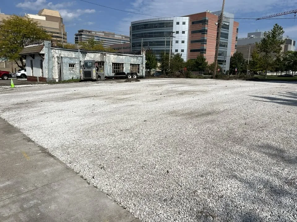 Large commercial site prepared with a compacted stone base